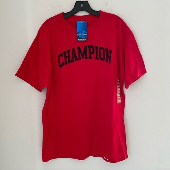 Champion Men’s Crew Neck Short Sleeve Logo Printed Basic Red Cotton Teeshirt  L - Picture 1 of 3